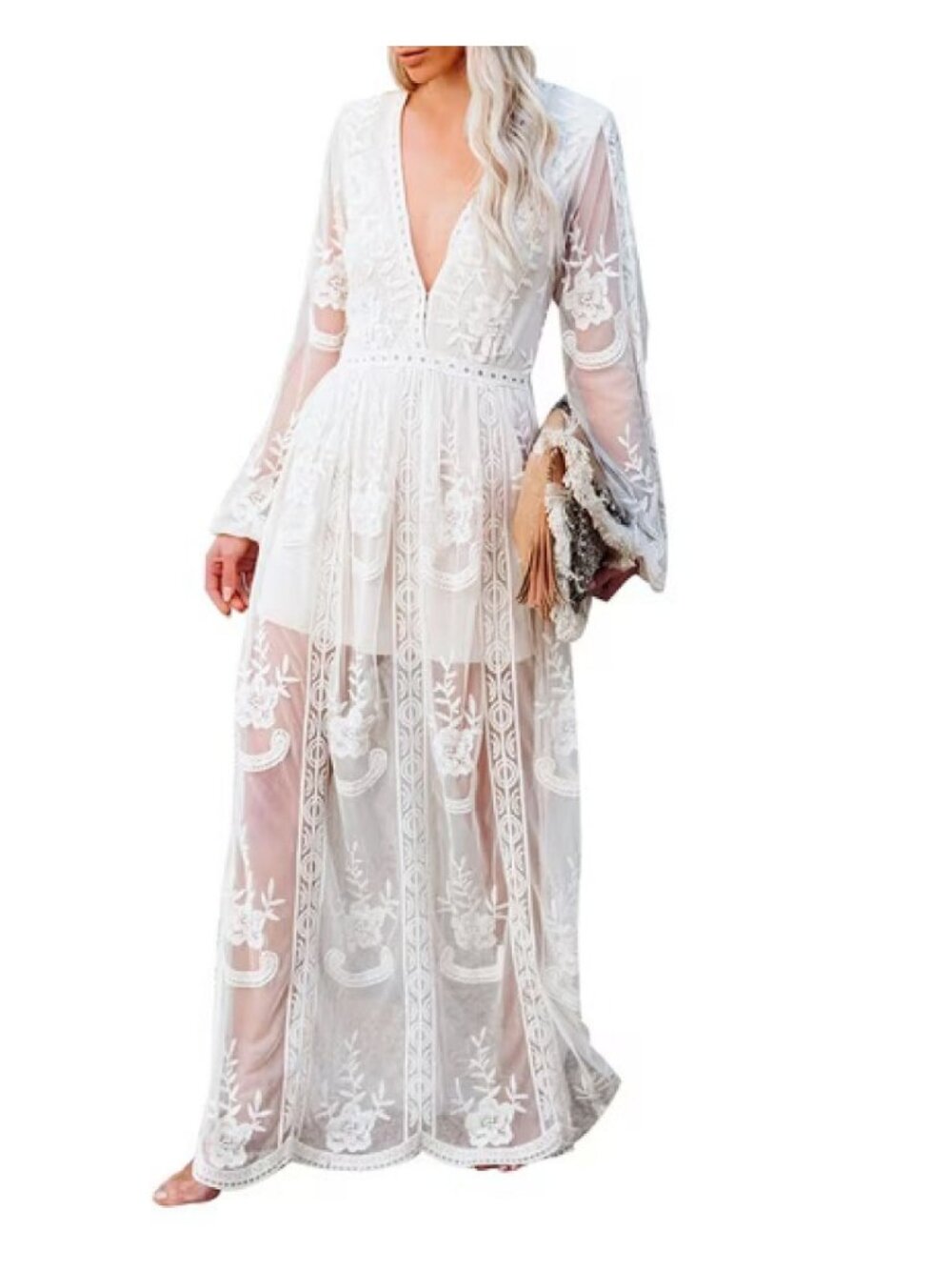 ✨Women’s White Boho Floral Lace Embroidered Maxi Dress Small NWOT